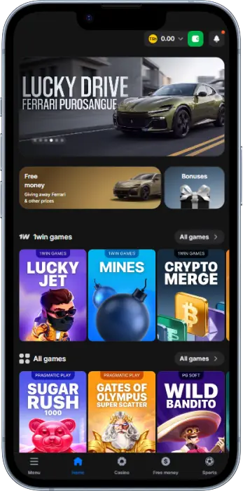 Home screen of the 1win mobile app in Tanzania