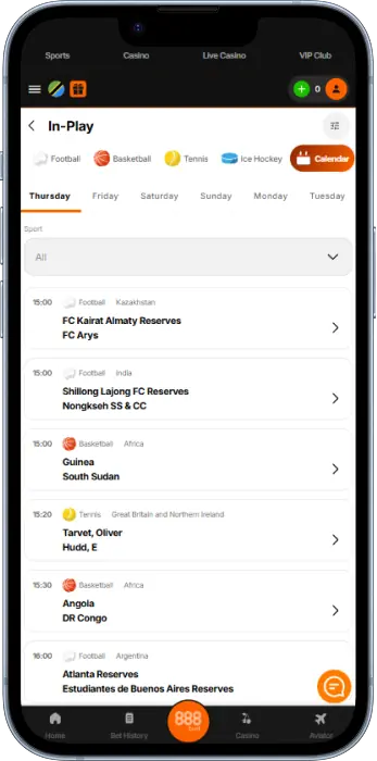 Available sports for betting on the 888bet app