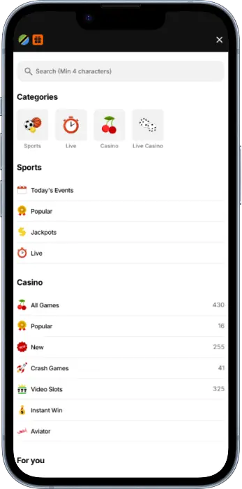 The 888bet app menu contains the main sections for quick access