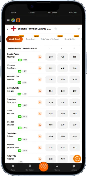 Sports matches and betting options available to Tanzanian players through the 888bet app