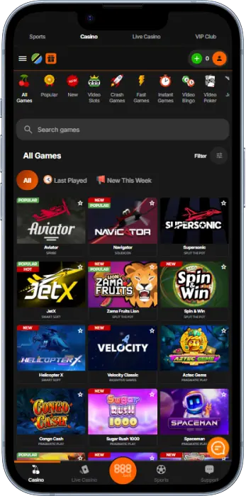 Collection of casino games in the 888bet app