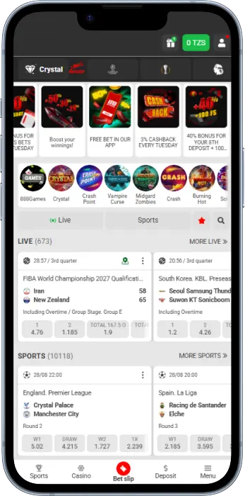 The home page of the 888STARZ app contains the most popular sections