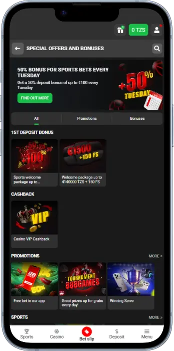 Special offers and bonuses in the 888STARZ app