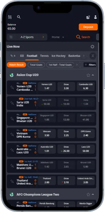 List of events in LIVE mode in Betsson app