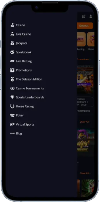 Menu of the live casino section of the Betsson app