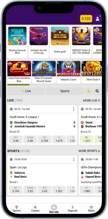 Home page on the Helabet Tanzania app