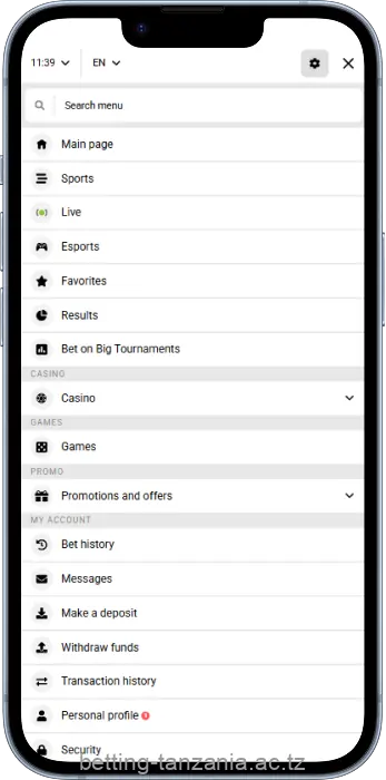 Helabet Tanzania app main menu