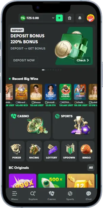 Main menu in the BC Game Tanzania app