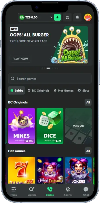 Casino section in BC Game mobile application