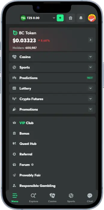 Crypto Trading section of BC Game Tanzania application