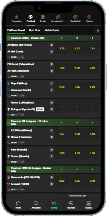 In-play betting is available in the Bet365 apps