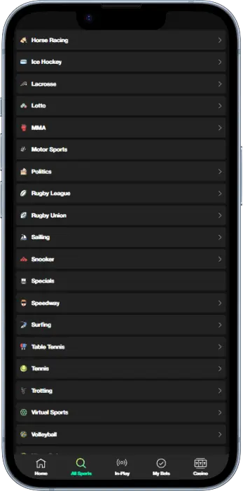 Extensive sportsbook in the Bet365 app
