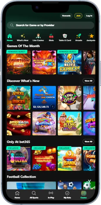 Casino games via the Bet365 app