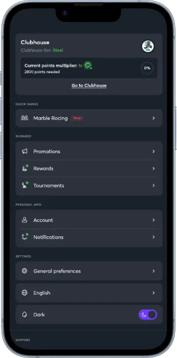 Main menu in the Sportsbet app