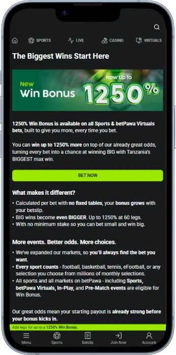 Bonuses section in the BetPawa app
