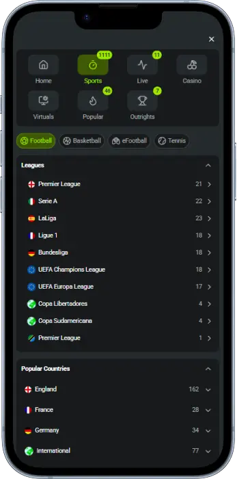 Main menu of BetPawa app