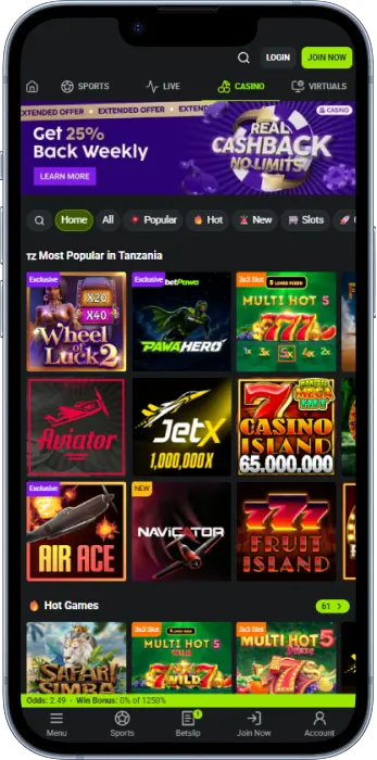 Casino games section of the BetPawa app