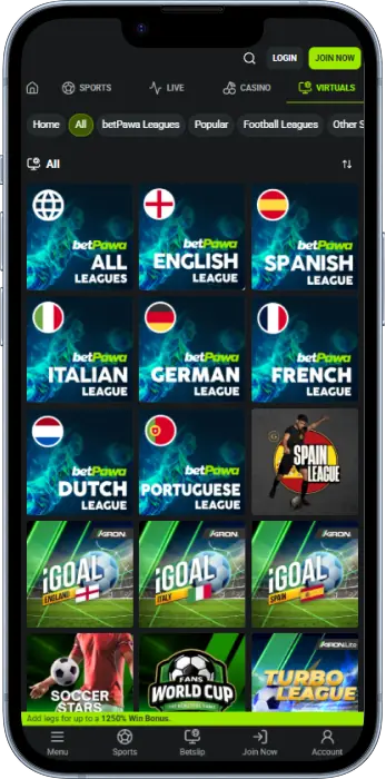 Virtual Games section of the BetPawa application