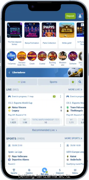 The main page of the 1xBet Tanzania app offers popular categories