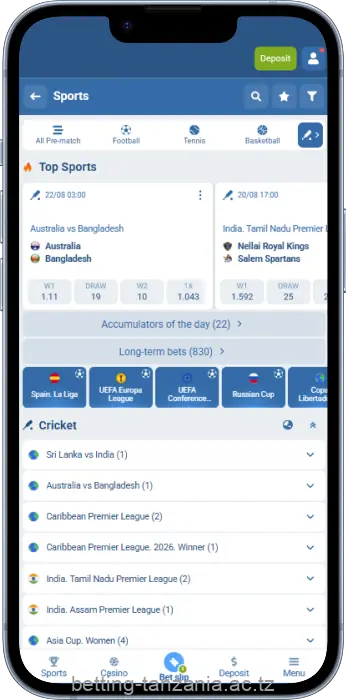 Section Sports in the app 1xBet Tanzania