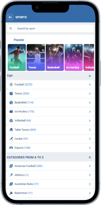 List of sports available for betting in the 1xBet app