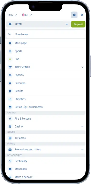 The main menu of the 1xBet app contains the most important sections