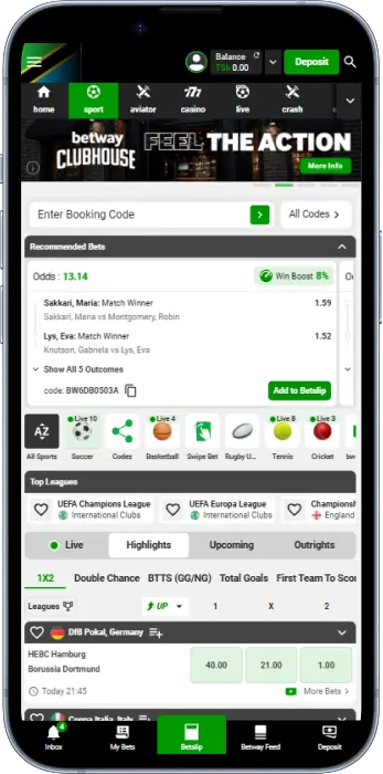 The main screen of the Betway app contains the key sections