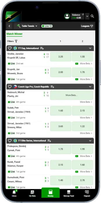 Tanzanian players can bet on table tennis through the Betway app