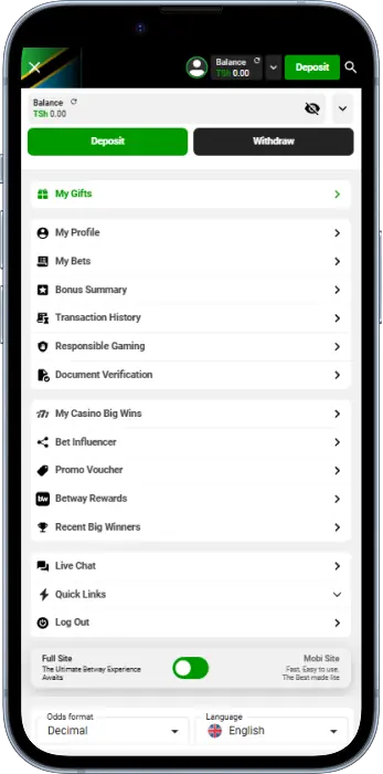 Betway Tanzania app main menu