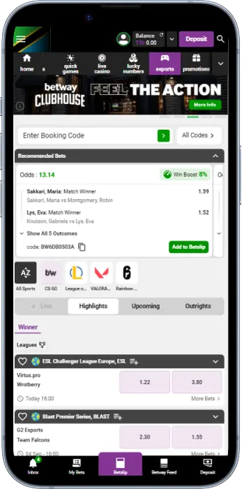 Esports betting is one of the sections of the Betway Tanzania app