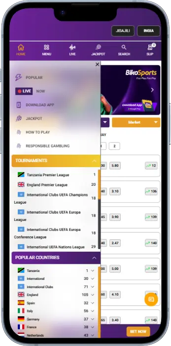 The menu in BikoSports app contains the most important sections for quick access