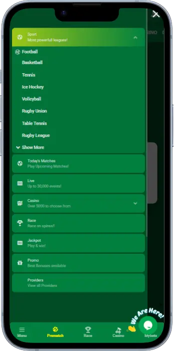 The menu in the GwalaBet app contains the main sections for easy access