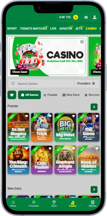 Casino games section of the GwalaBet Tanzania app