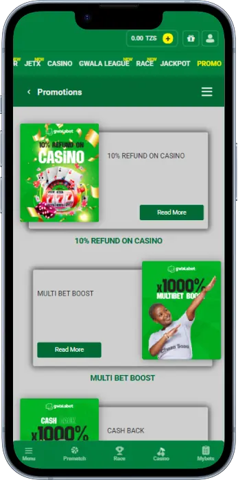 Bonuses section of the GwalaBet app