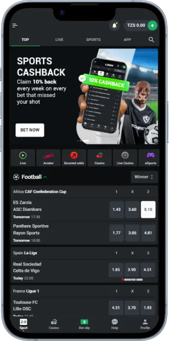 Home screen of the Leon Bet application