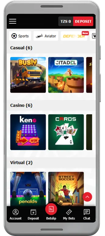 Casino games section of the M-Bet app