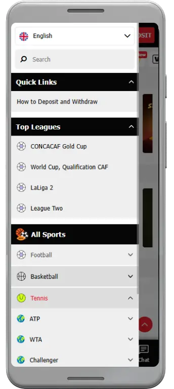 Main menu in the M-Bet app