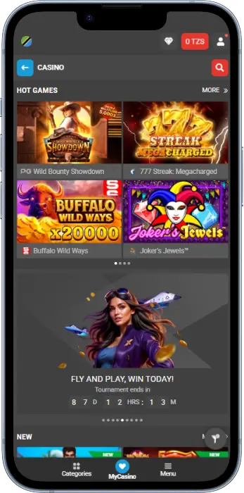 Casino games featured on the home screen of the Megapari Tanzania app