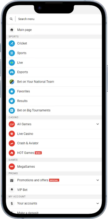 The Megapari app offers a large selection of casino games