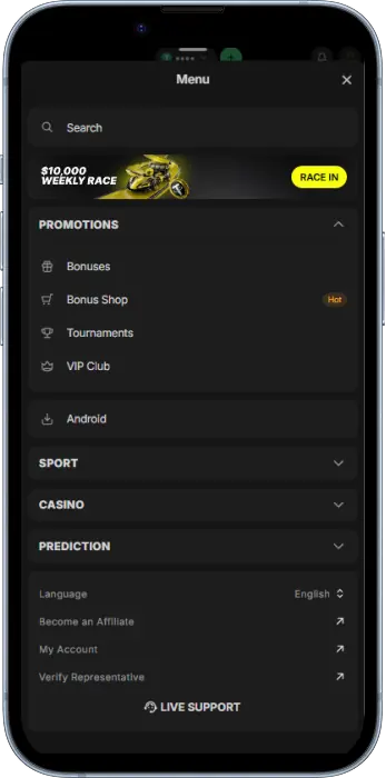 Main sections of the Parimatch Tanzania application