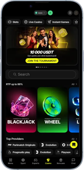 Casino section in the Parimatch Tanzania app