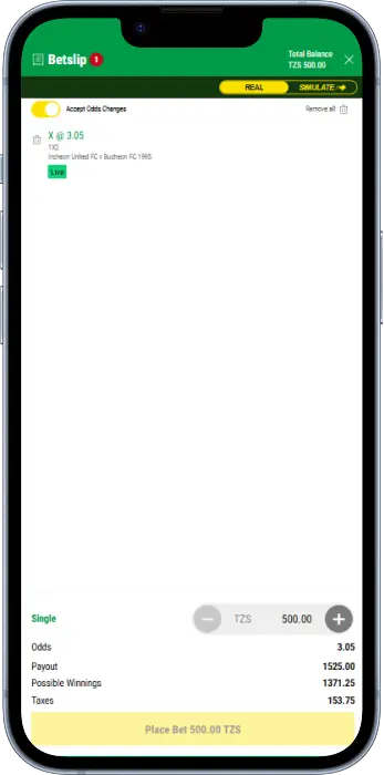 Betslip in the Premier Bet Tanzania app has a simple and easy to use interface