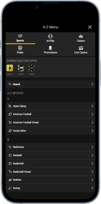 Convenient menu in the Bwin app