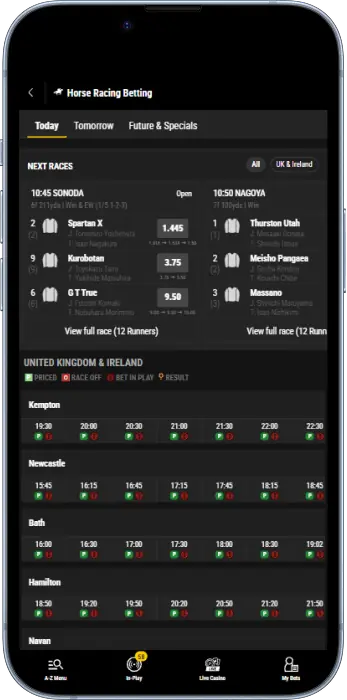 Horse Racing section of the Bwin Tanzania application