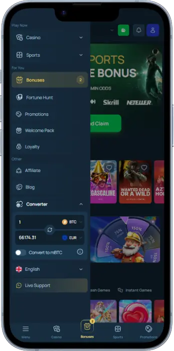 Menu in the Fortunejack Tanzania app
