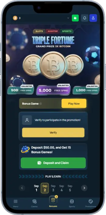 The Fortunejack app includes a section for bonuses and promotions