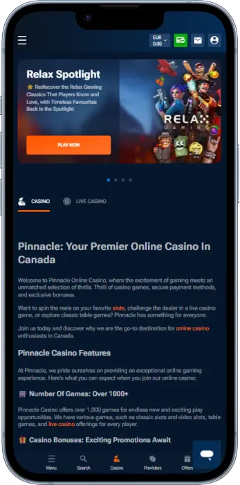 Casino section of the Pinnacle app