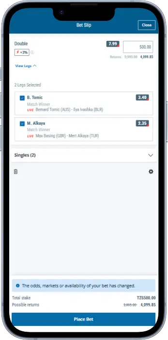Bet Slip in the Sportingbet app has a simple and easy to use interface