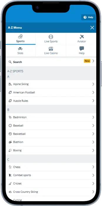 Sports betting menu in the Sportingbet app