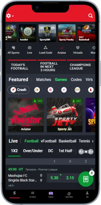 The Sportybet application main screen contains the major sections